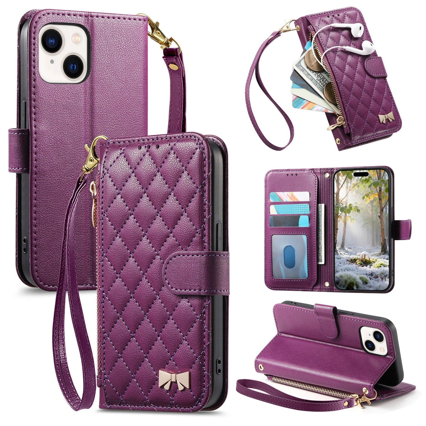 Elegant Diamond Quilted Leather Phone Wallet Case for iPhone 14 Plus