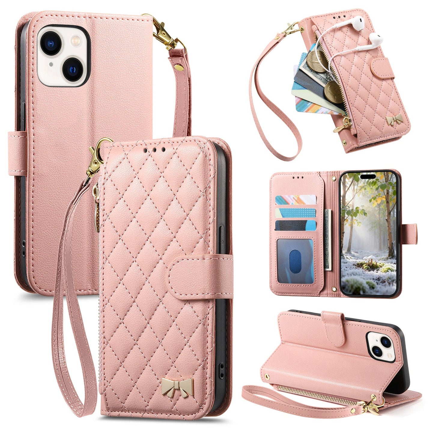 Elegant Diamond Quilted Leather Phone Wallet Case for iPhone 15 Plus