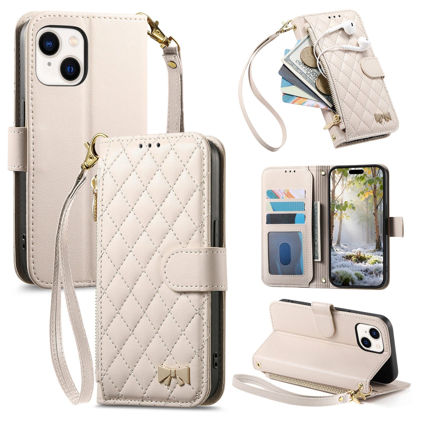 Elegant Diamond Quilted Leather Phone Wallet Case for iPhone 14