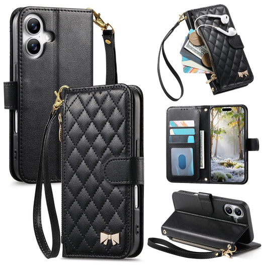 Elegant Diamond Quilted Leather Phone Wallet Case for iPhone 16e