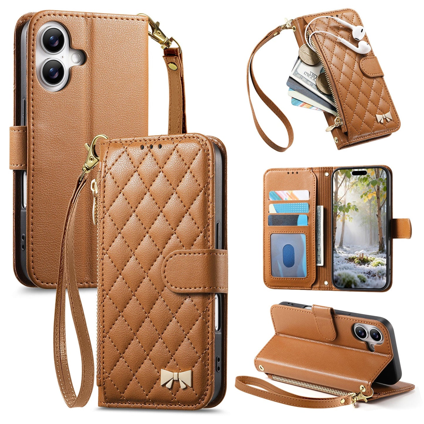 Elegant Diamond Quilted Leather Phone Wallet Case for iPhone 16