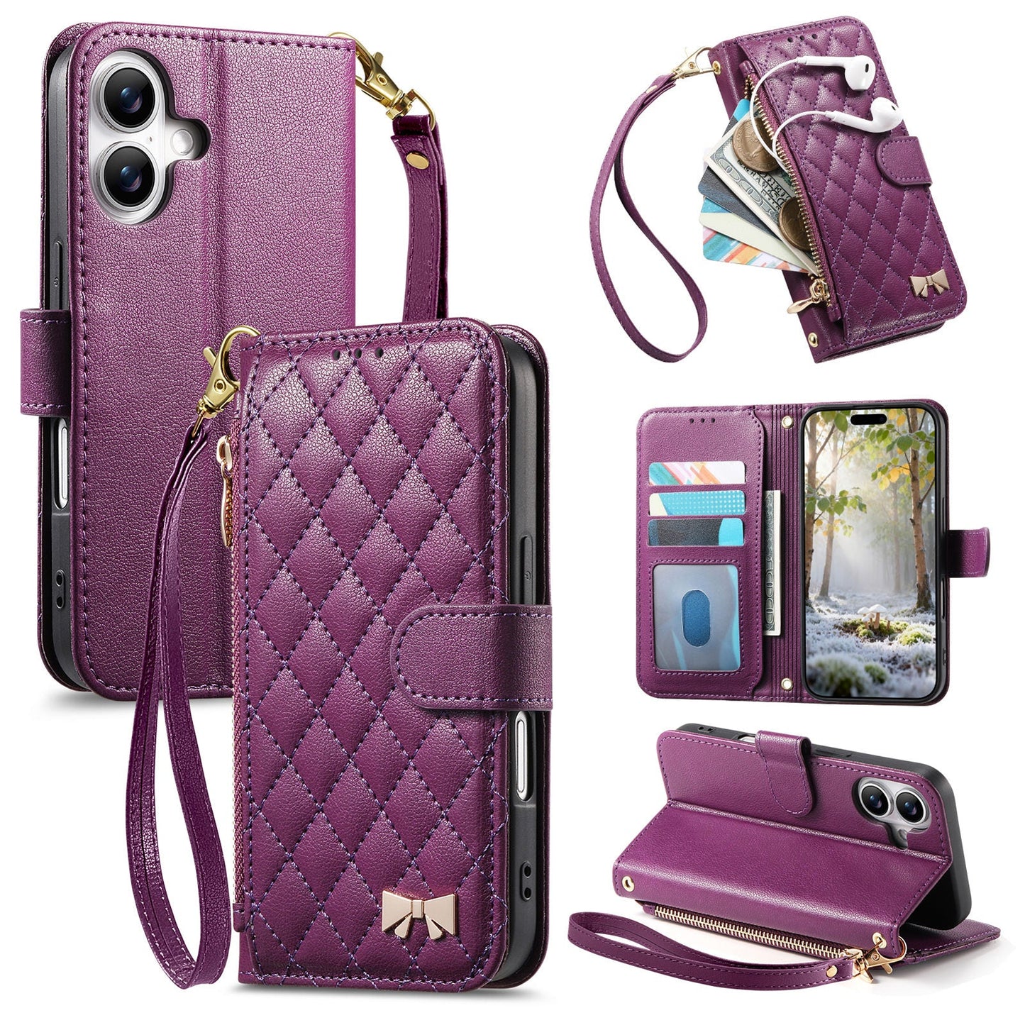 Elegant Diamond Quilted Leather Phone Wallet Case for iPhone 16 Plus