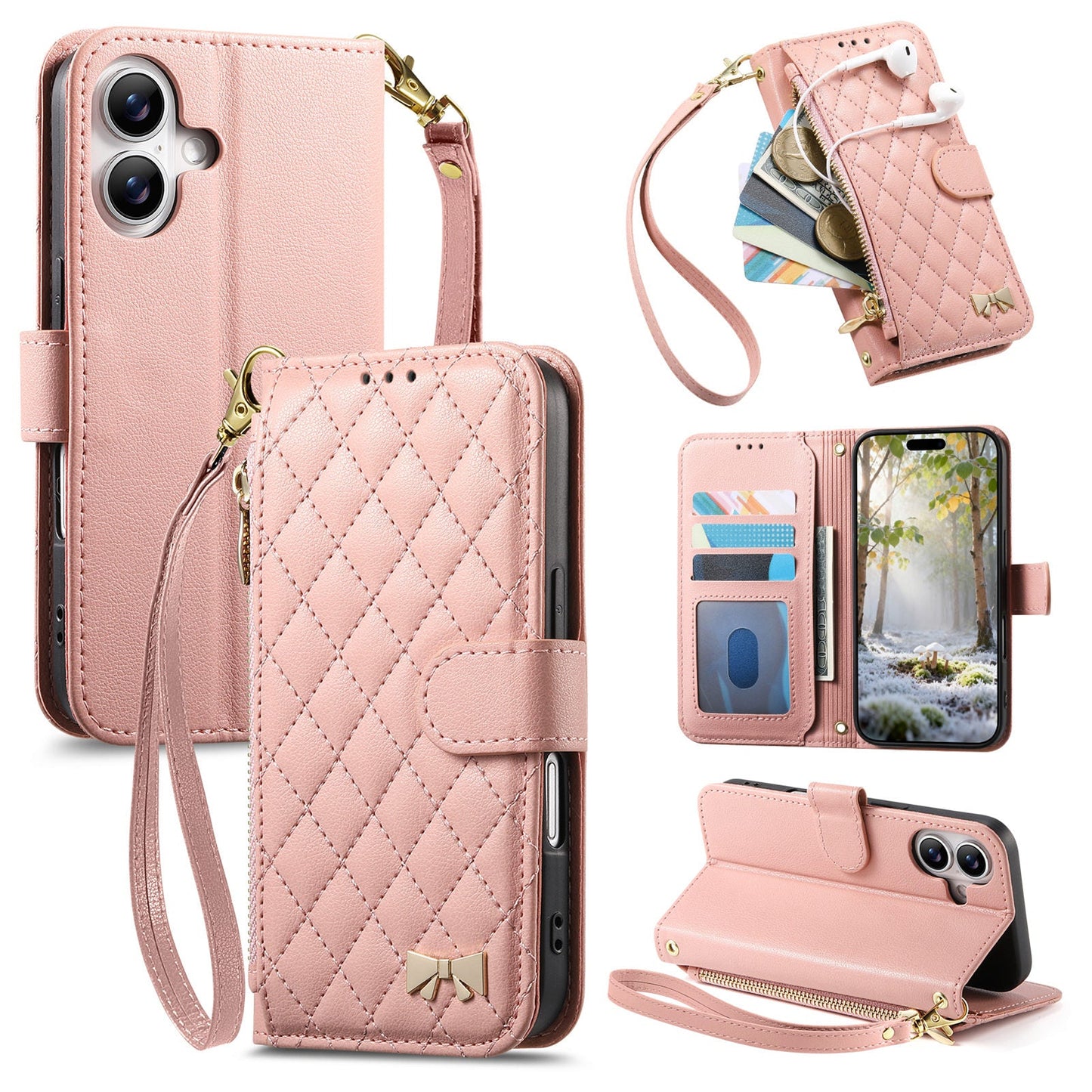 Elegant Diamond Quilted Leather Phone Wallet Case for iPhone 16