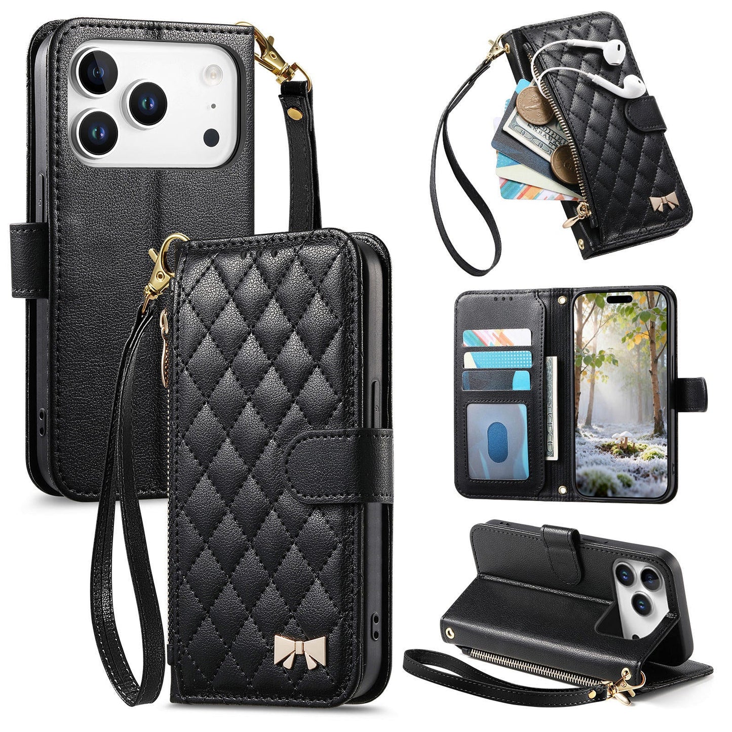 Elegant Diamond Quilted Leather Phone Wallet Case for iPhone 17 Pro