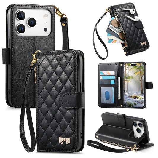 Elegant Diamond Quilted Leather Phone Wallet Case for iPhone 17 Pro