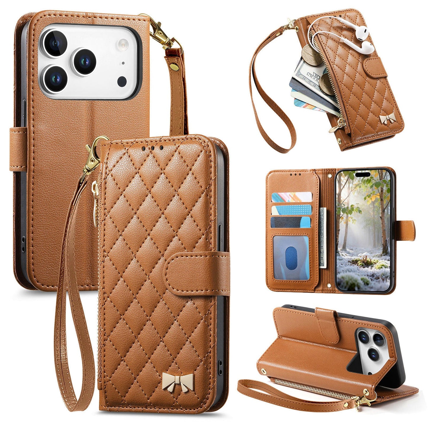 Elegant Diamond Quilted Leather Phone Wallet Case for iPhone 17 Pro