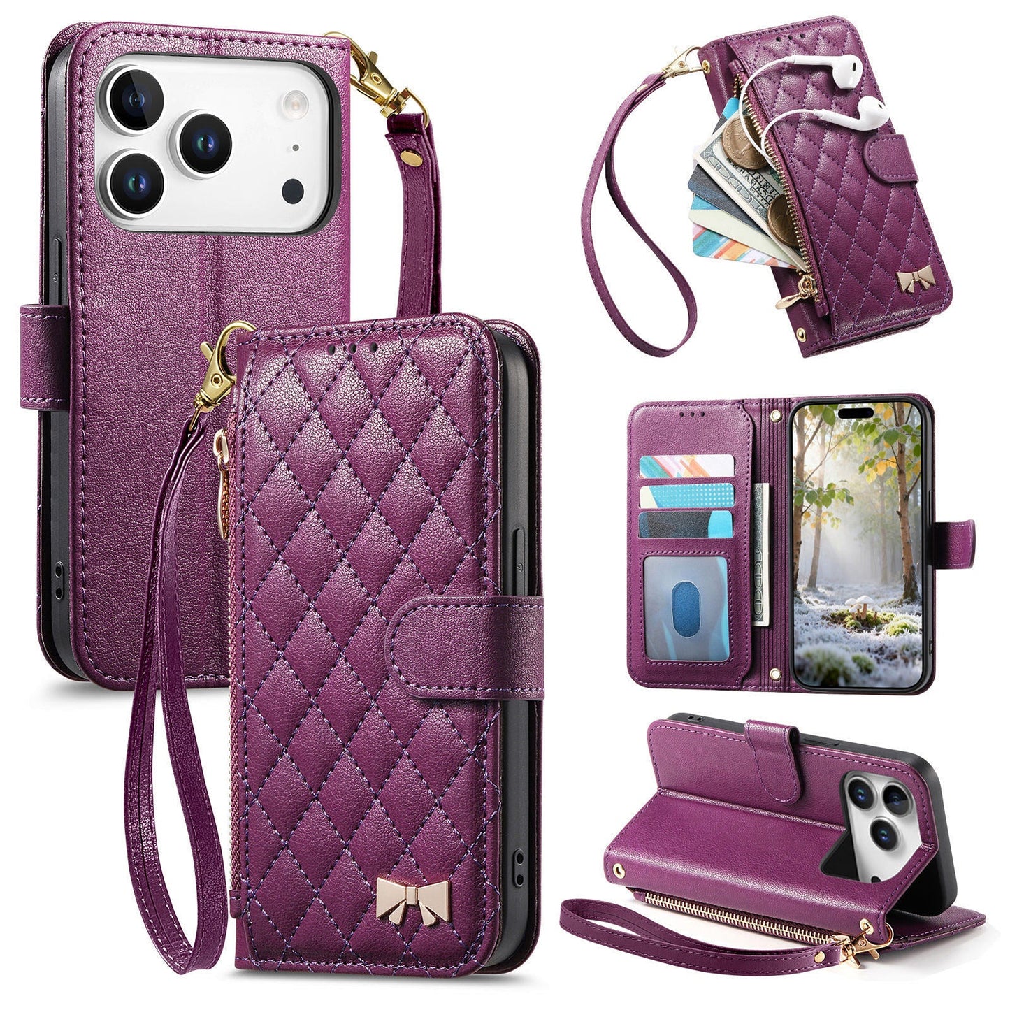Elegant Diamond Quilted Leather Phone Wallet Case for iPhone 17 Pro