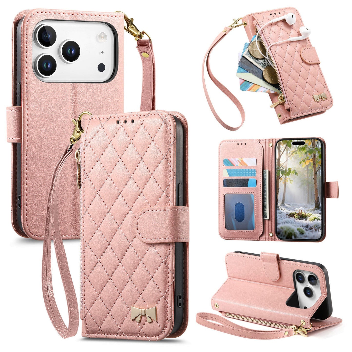 Elegant Diamond Quilted Leather Phone Wallet Case for iPhone 17 Pro Max