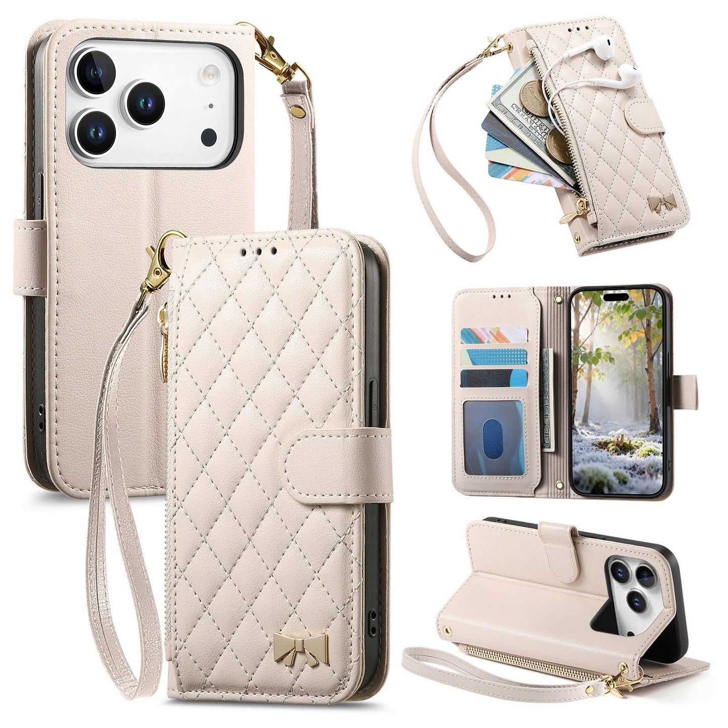 Elegant Diamond Quilted Leather Phone Wallet Case for iPhone 17 Pro
