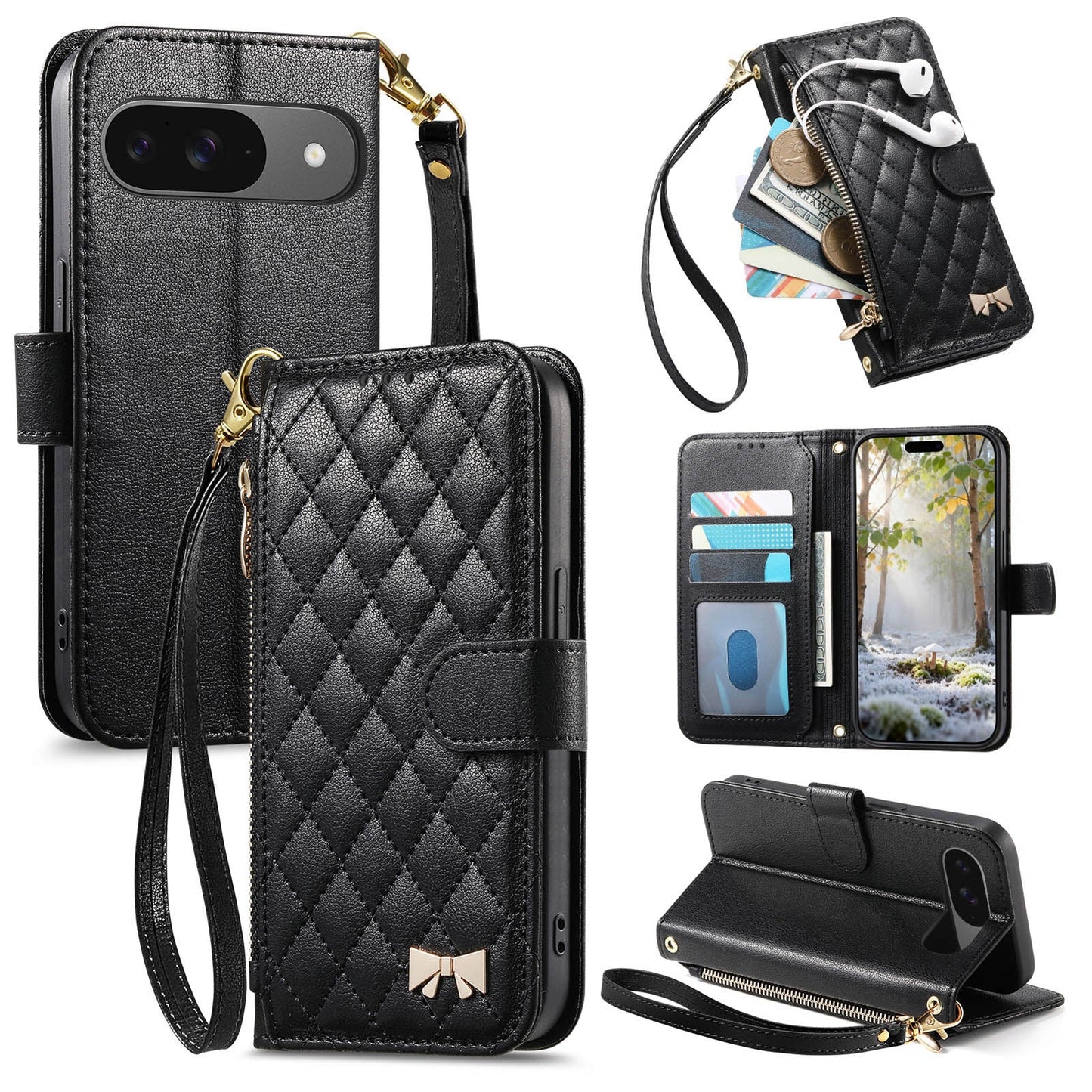 Elegant Diamond Quilted Leather Phone Wallet Case for Pixel 9