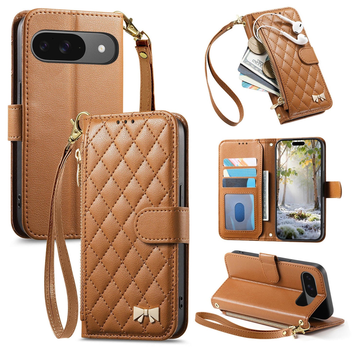 Elegant Diamond Quilted Leather Phone Wallet Case for Pixel 9