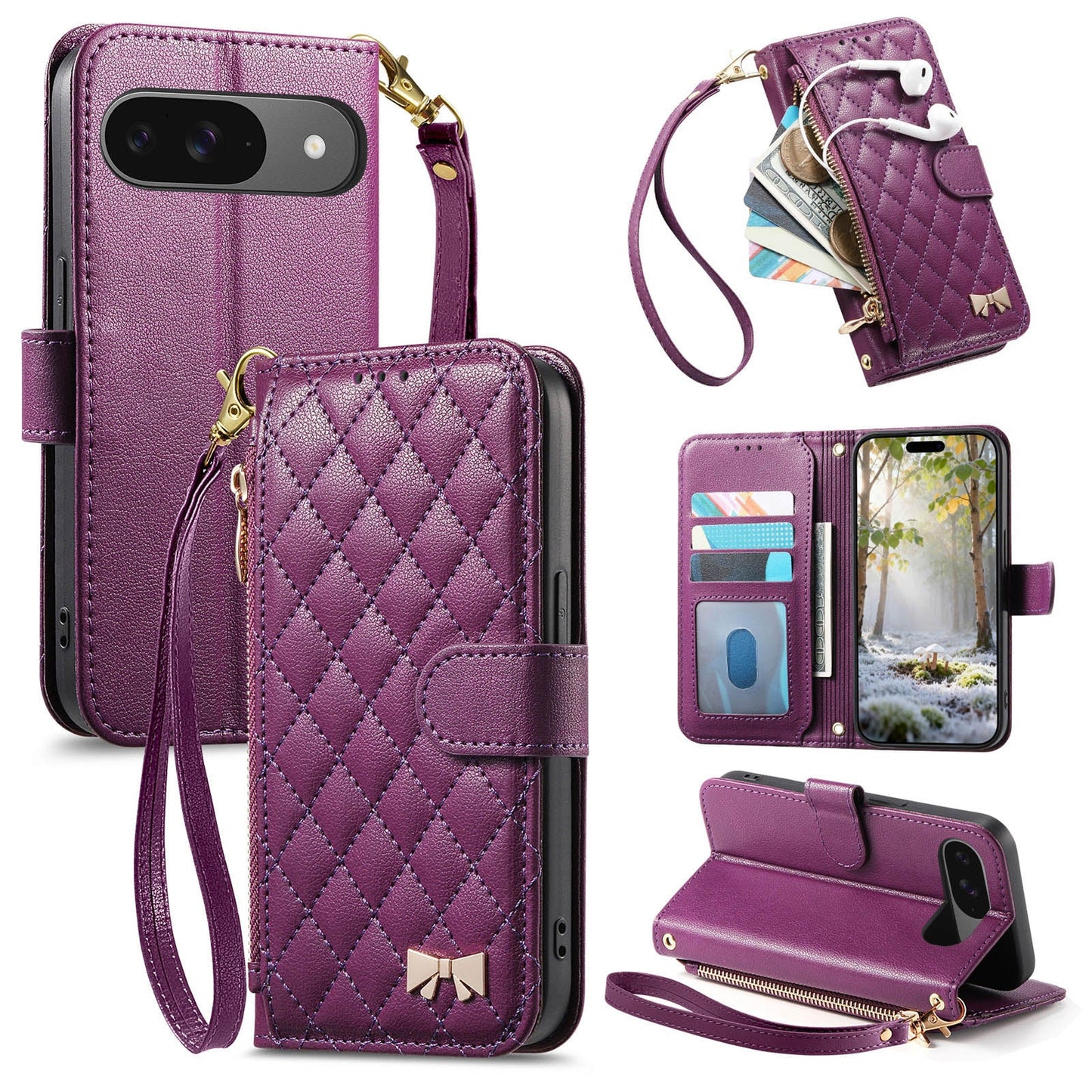Elegant Diamond Quilted Leather Phone Wallet Case for Pixel 9 Pro XL