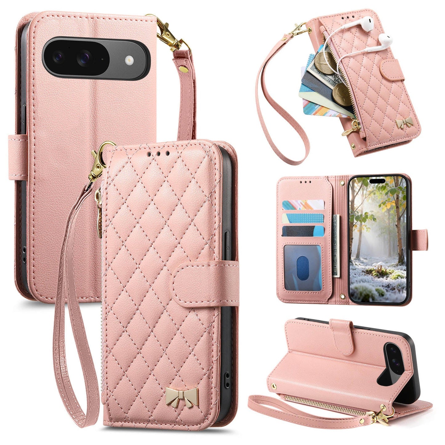 Elegant Diamond Quilted Leather Phone Wallet Case for Pixel 9