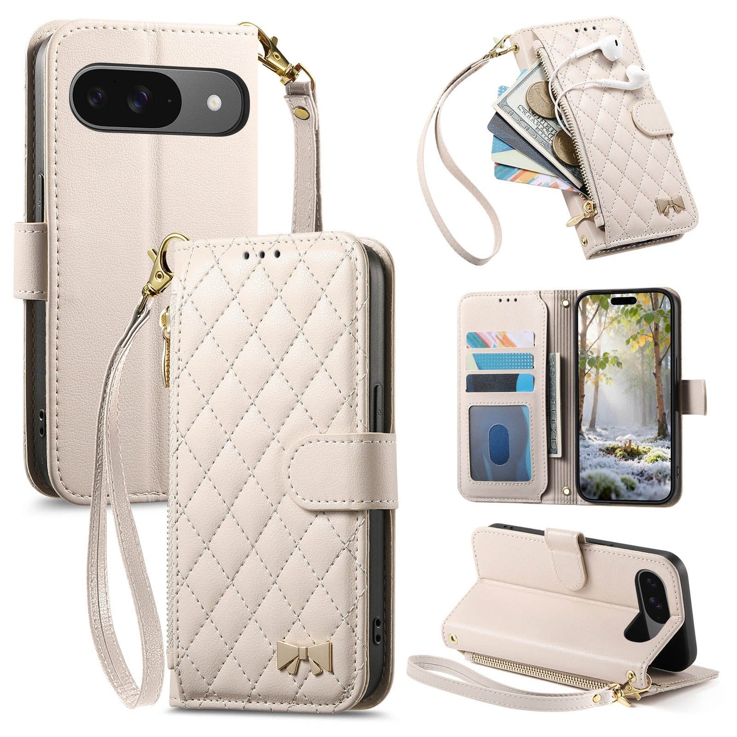 Elegant Diamond Quilted Leather Phone Wallet Case for Pixel 9