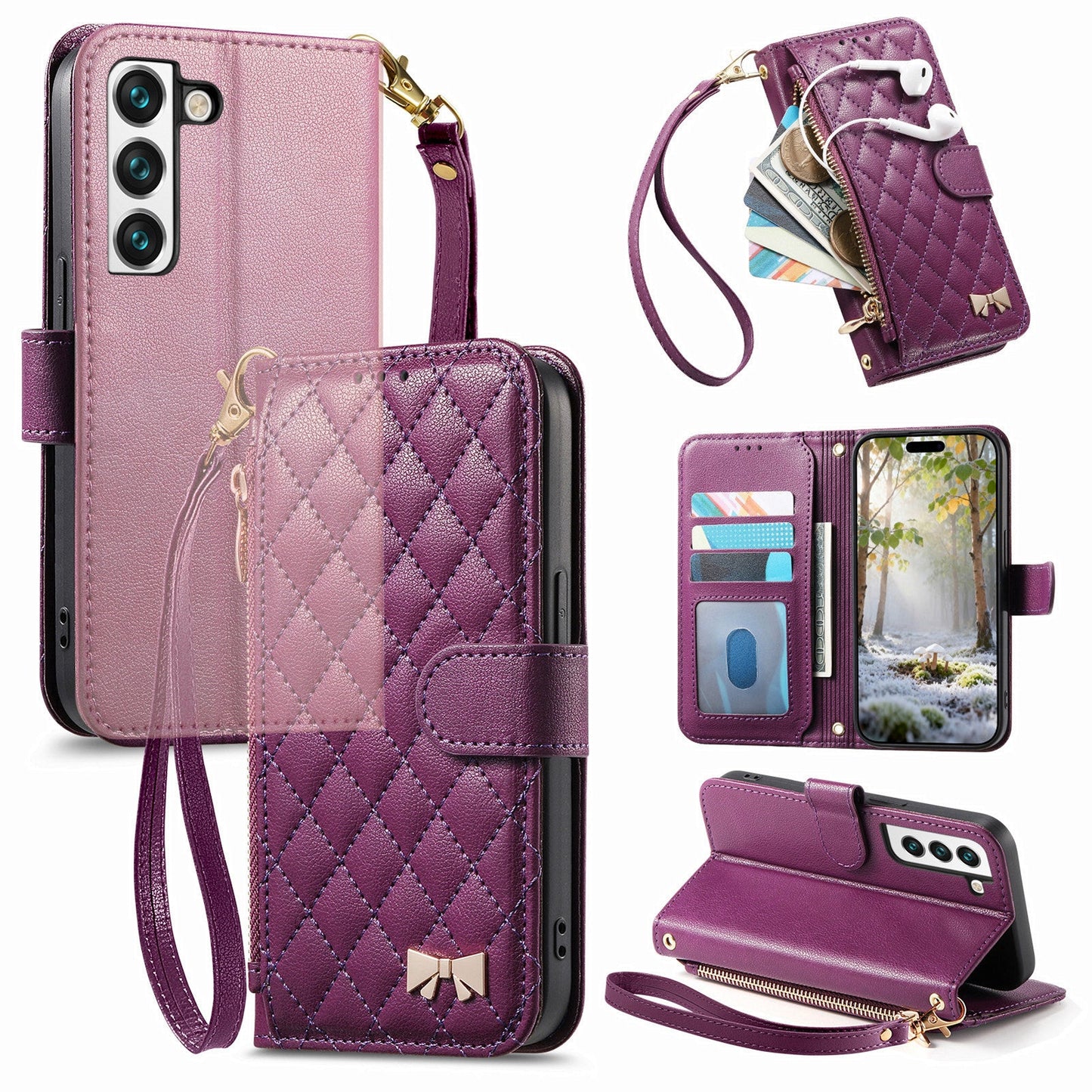 Elegant Diamond Quilted Leather Phone Wallet Case for Samsung Galaxy S22+