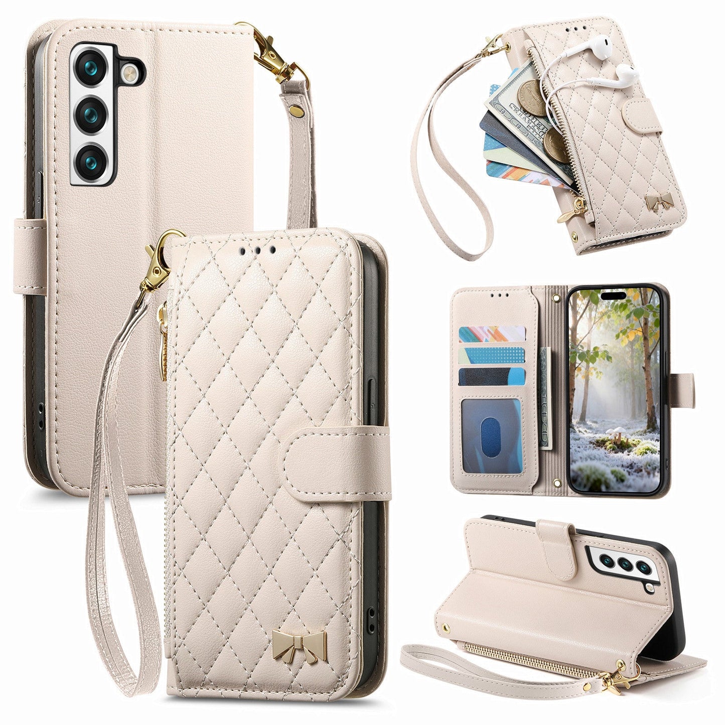 Elegant Diamond Quilted Leather Phone Wallet Case for Samsung Galaxy S22+